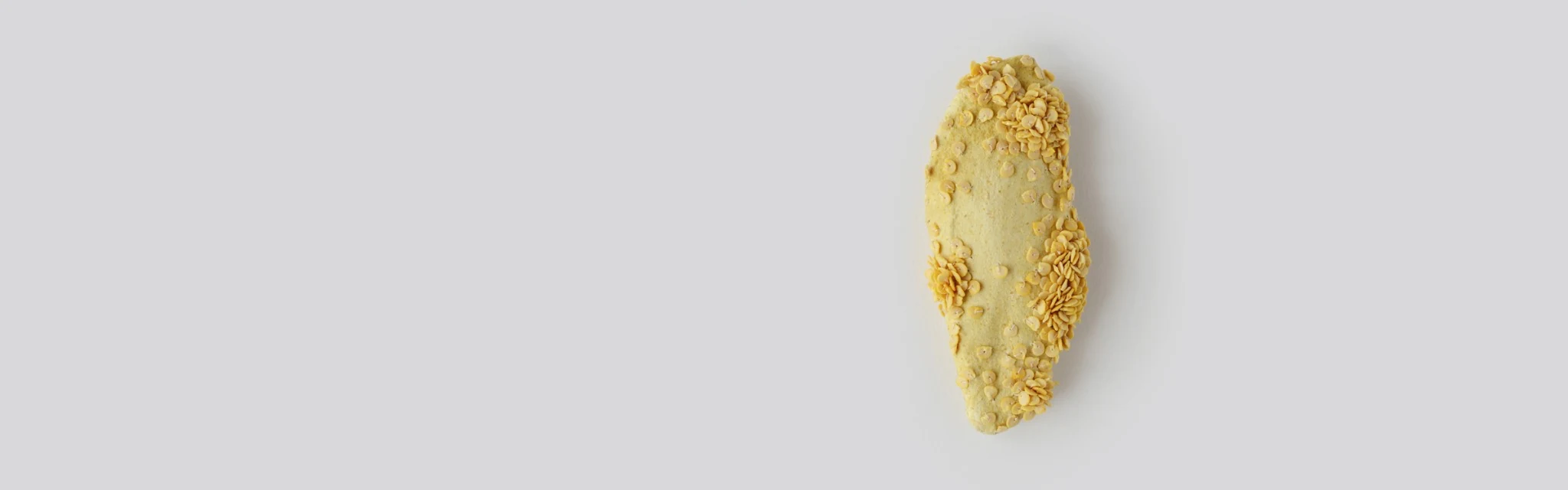 Apelsinikoorest bioplastinahaga kaetud mangoseeme, millele on tikitud paprikaseemned. Kerttu Siplane, 2021.